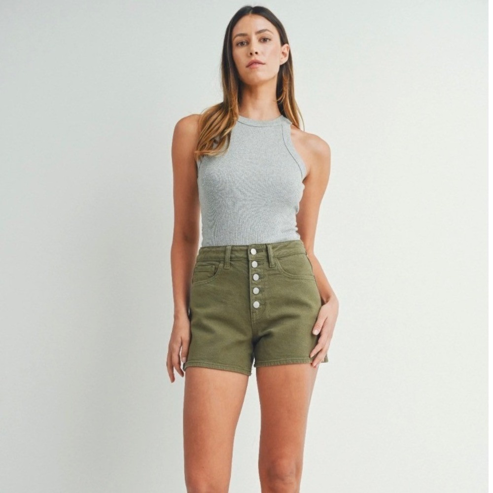 OAT New York Womens High Rise Button Fly Denim Shorts Olive Green Size 27 NEW